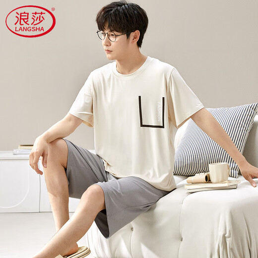 浪莎（LangSha）莫代尔睡衣男夏短袖长裤薄款棉绸家居服男款夏天加肥大码冰丝套装 6624 L