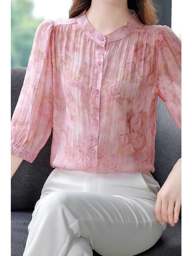 
New summer loose belly-covering temperament chiffon shirt for women with three-quarter sleeves shirt floral stand-up collar top for women Pink M [Suggested 90-100 Jin [Jin equals 0.5 kg]]