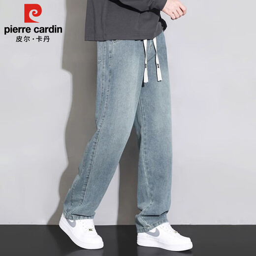 Pierre Cardin Straight Jeans Men's Autumn and Winter Loose Casual Pants Men's Wide-Leg Elastic Waist Pants Men's Retro Blue XL