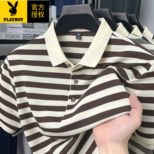 花花公子（PLAYBOY）夏季纯棉短袖t恤男士翻领上衣中年爸爸装休闲半袖polo条纹顺滑 9906-绿色 M 165建议90-120斤