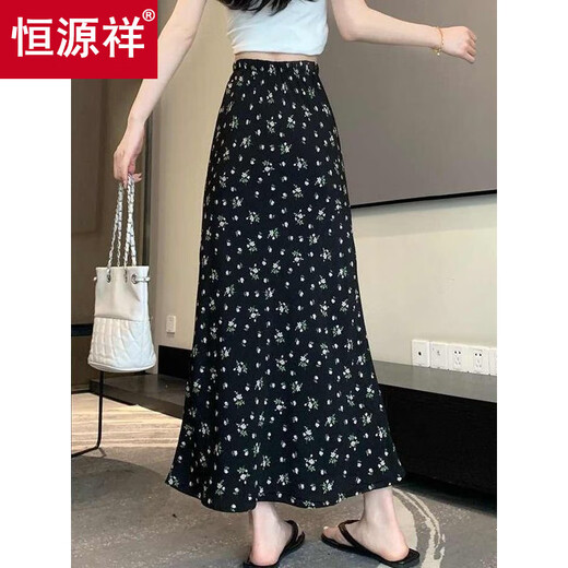 Hengyuanxiang falda floral negra para mujeres en verano Nuevo estilo que cubre las caderas para hacer que se vean de falda de línea delgada en las vacaciones de la playa Use una pequeña falda larga negra 2xl recomendado 160-180Jin [Jin iguala 0.5 kg]