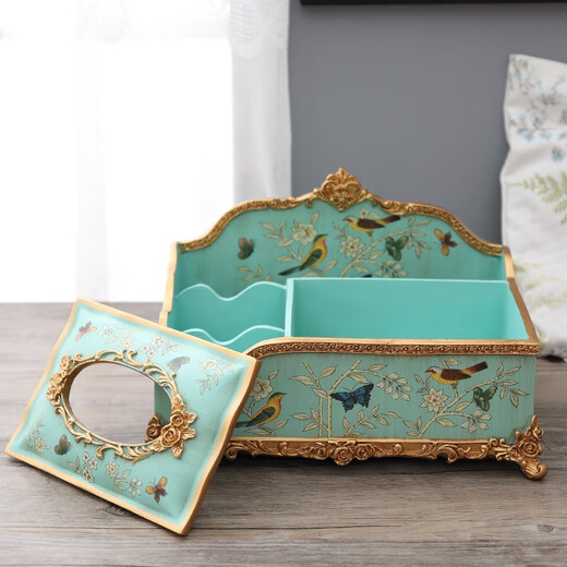 
American tissue box living room home multi-function paper box European retro paper box simple remote control storage box 1047 blue warbler blossom side draw