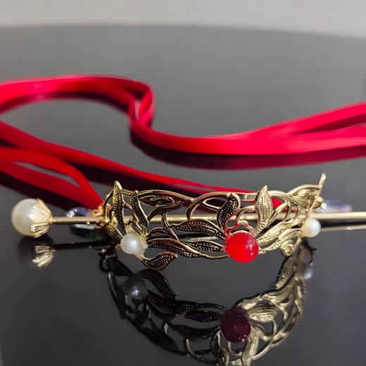 UOSU horse-faced skirt, headdress, antique style headband, children's Hanfu with hairpin, red ribbon, hair crown, clothing accessories, antique ribbon hairpin