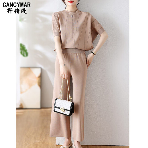cancymar定制休闲套装女妈妈2025新款两件套气质冰丝短袖中老年女夏装 【旗舰款】9923灰绿 M 【建议85-100斤】