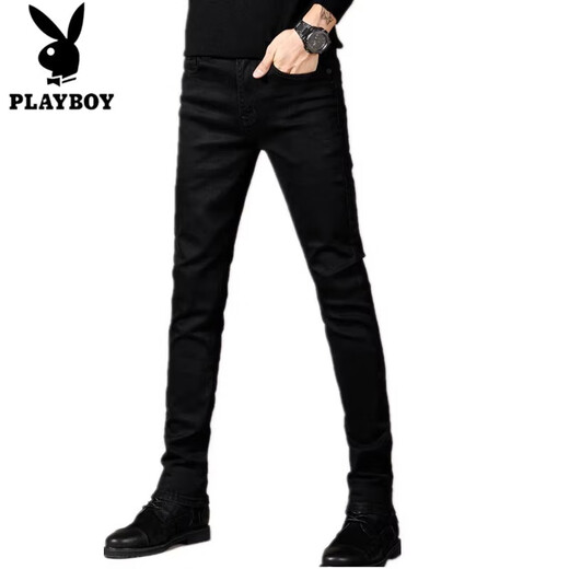 花花公子（PLAYBOY）高端男装2025夏季薄款纯黑色白色修身小脚牛仔裤青年男士裤休闲裤 kk1048黑色  27 (二尺)
