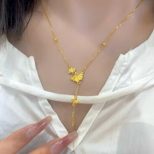 Libiao 5G gold ginkgo leaf necklace for women 999 pure gold Sansheng apricot set chain new leaf tassel gold necklace gold ginkgo leaf necklace about 7.8 grams