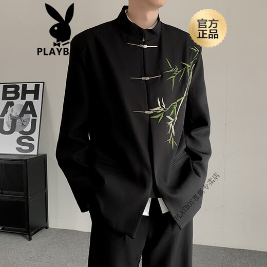 花花公子（PLAYBOY）春夏气质立领新中式竹子刺绣西装男感休闲中山装结婚西服套装 银竹 黑色单西服 M