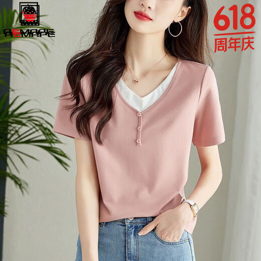 AEMAPEt恤女2025夏季韩版百搭新款假两件短袖藕粉半袖短袖潮流v领上衣 粉红色 M 建议901105斤