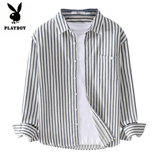 Playboy (PLAYBOY) 2025 Spring and Autumn Pure Cotton Striped Shirt Men's Summer Long-Sleeved Shirt Loose Casual Jacket for Boys 305D Yellow Henry Collar Short I-Sleeve L 120-135Jin Jin is equal to 0.5 kg
