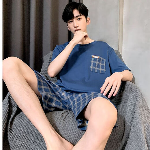 Mu Fengqing pajamas for men in summer cotton thin short sleeves plus fat plus size casual can wear men's youth home clothing suit 9928 [H series men's short-sleeved shorts suit] XL [Suggested 130-150Jin [Jin equals 0.5 kg]]