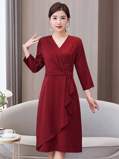 蜜凡苏夏季订婚妈妈穿的衣服国庆结婚喜婆婆婚宴装平时可穿小个子 红色[6197款原版质量] 2XL[建议120-130斤] 均码