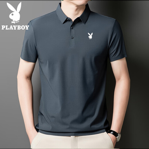 Playboy (Playboy) High-End-Kurzärärmel-Polo-Hemd für Herren Sommer dünne Lapel-Eis-Seide-T-Shirt Herrengeschäft Casual T-Shirt Top bequemes Obsidian Black-12358c-Ice Seide Polo-Hemd 2xl 140-155jin [Jin gleich 0,5 kg]