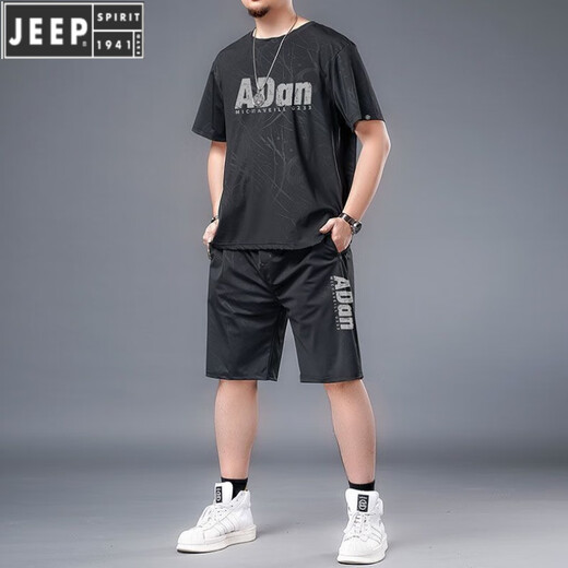JEEP SPIRIT large-size ice silk sportswear suit for men in summer fat man plus fat plus larger quick-drying shorts shorts short sleeves T-shirt casual men's clothing black 826 set 2XL Recommended 140-160Jin [Jin equals 0.5 kg]