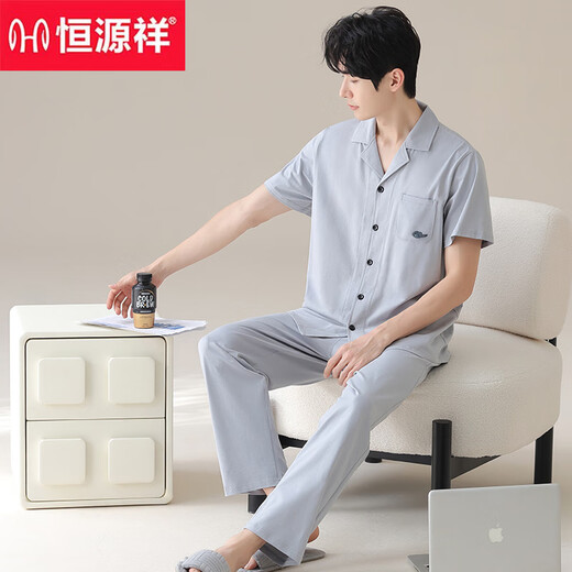 
Hengyuanxiang pajamas men's summer solid color cotton short-sleeved trousers home clothing set thin style can be worn outside loose casual men 16859A L 170