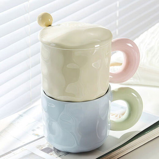 Jiwu Forest Ceramic Mug with Spoon Lid Cup Coffee Cup Couple Tea Cup Men and Women Large Capacity Yellow 420ml