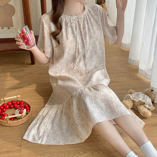 维多利亚的格调带胸垫睡衣女夏季2025新款宽松可爱韩版碎花睡裙中长款家居服大码 M16862【带胸垫】 2XL