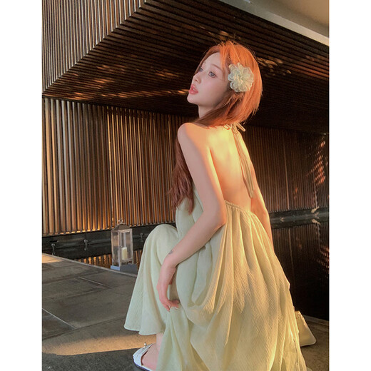 Let the mist suspender dress skirt for women summer 2025 new resort style wear seaside beach skirt long skirt pure desire French spring green texture design halter neck dress S recommended 80-90Jin Jin is equal to 0.5 kg