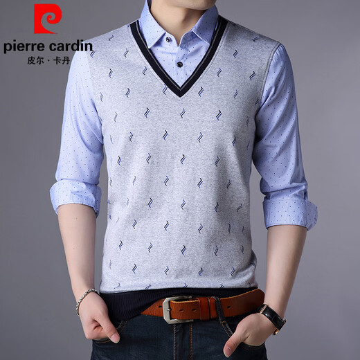 Pierre cardin brand men's fake two-piece long-sleeved T-shirt lapel spring and autumn new T-shirt with collar Korean shirt collar base shirt 3878 red 2XL 180/120/54