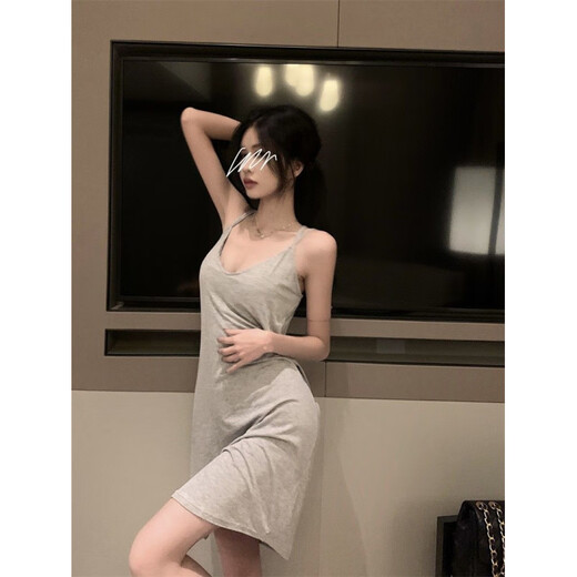 Sexy women's pajamas in summer new style with chest pad suspender nightgown for ladies pure slim and solid color student home clothes 686 gray suspender skirt [with chest pad] M [Suggested 95 Jin [Jin equals 0.5 kg]]