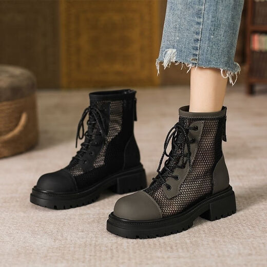 Woodpecker Hollow Martin Boots Spring and Autumn Thin Mesh Boots New Thick Heel Thick Sole Mesh Sandal Boots Summer Breathable Short Boots Black 39