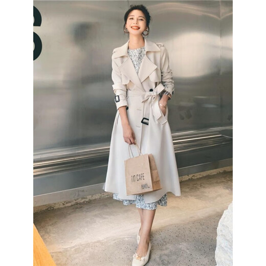 
AEMAPE high-end brand windbreaker jacket for women mid-length 2025 spring and autumn new slim and slim temperament British style coat off-white M (recommended 105-115Jin [Jin equals 0.5 kg])