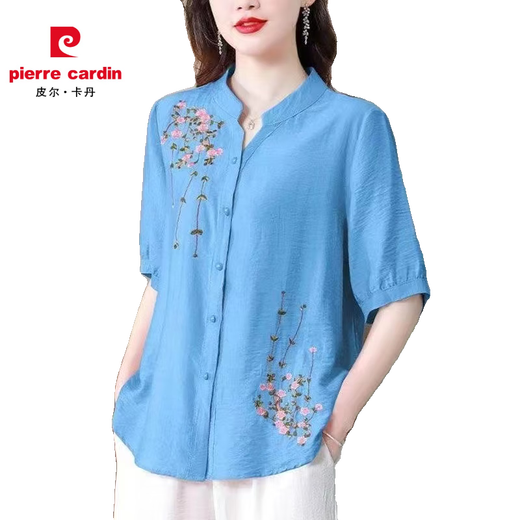 皮尔卡丹夏季中袖棉麻上衣女2025新款国风刺绣女士衬衫妈妈装宽松亚麻小衫 粉色-694 M 【约108斤内】