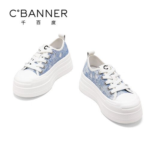 千百度 C°BANNER夏季透气网面时尚百搭帆布鞋女板鞋轻便增高运动休闲鞋厚底鞋 蓝色 38 (240mm)
