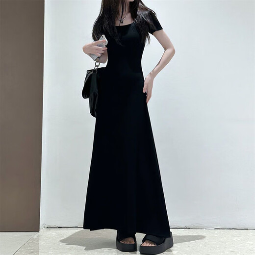 Muni Square Collar Taille Hugging Kleid Französisches Temperament Schwarzes Sommer Ladies Outfit Slim A-Line Long Rock Pendelpendel und ungezwungenes Kleid mit kurzer Ärmeln [Schwarz] Empfohlen 90-120 Jin [Jin ist 0,5 kg]
