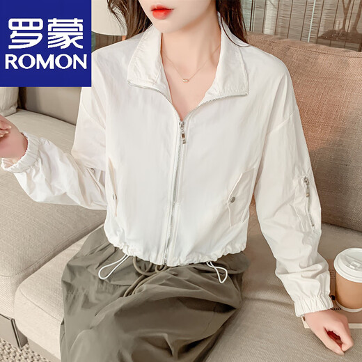 罗蒙（ROMON）2025春夏季新款美式抽绳工装短款薄款夹克开衫防晒外套小个女修身 白色 S 建议80-95斤