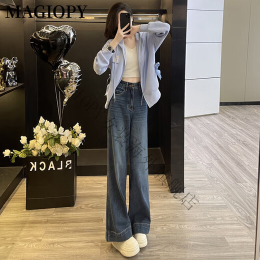 Magiopy International Luxury High-End-Marke Casual Sports Set Frauen 2025 Spring Fashion Cardigan Pullover Wide Legs Denim Hell Blue Pullover + Jeans S (100jin [Jin Equals Equals gond 0,5 kg])