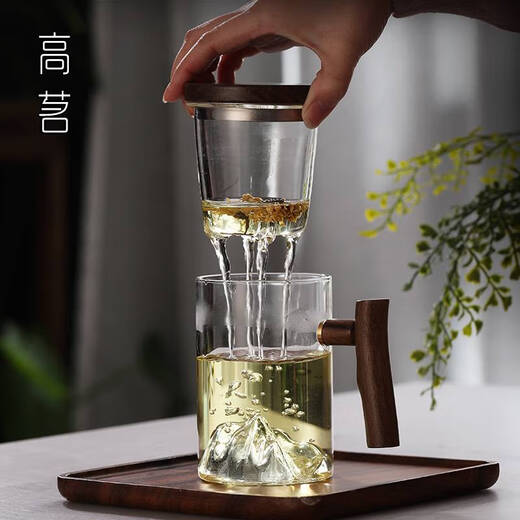 语森忆个人专用泡茶杯茶水分离男士带把喝茶水杯玻璃日式观山茶道杯子 9194鸿崖三件杯榉木450ML 200mL(含)-400mL(含)