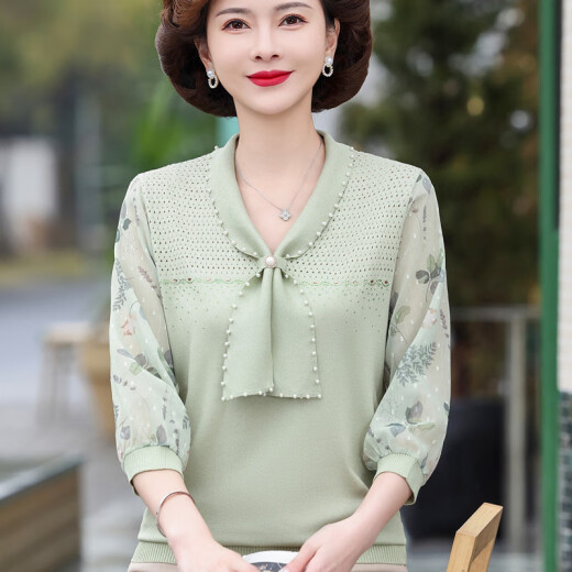 2025新款妈妈春装洋气纱袖上衣服中老年女春夏针织T恤薄款打底衫 蓝色6636 M （建议85-100斤