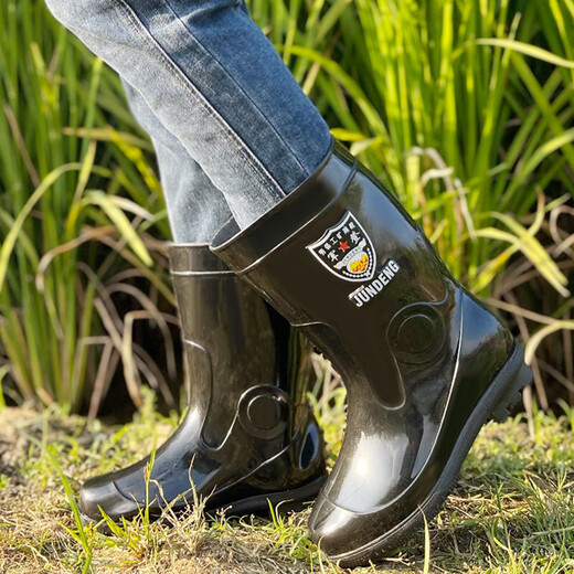 Men's high-tube rain boots anti-slip rain boots waterproof shoes women's shoes rubber shoes fishing shoes kitchen shoes construction site labor protection rain boots men [authentic military log] 907 medium tube black 44