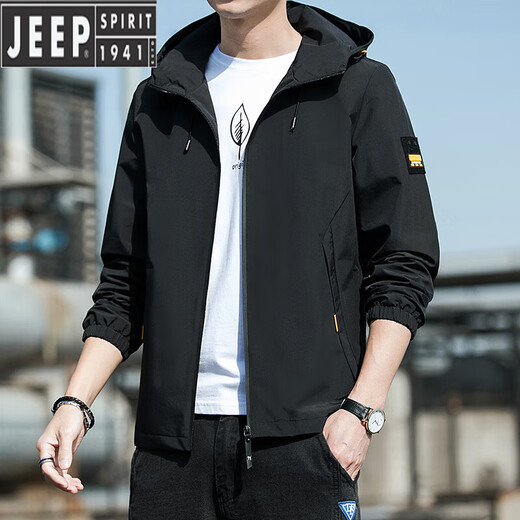 JEEP SPIRIT Jeep Spring and Autumn Hooded Fashion Jacket Men's 2025 Winter New Youth Trendy All-match Loose Casual Jacket K12131 Black M [Suggested 100-110Jin [Jin equals 0.5 kg]]