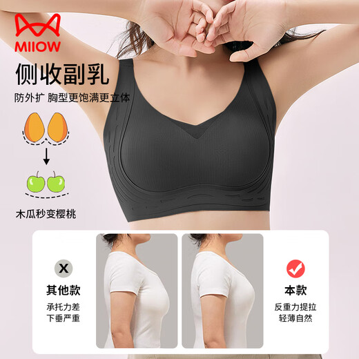 猫人内衣女士薄款无钢圈文胸大胸显小无痕聚拢防下垂运动性感胸罩黑M