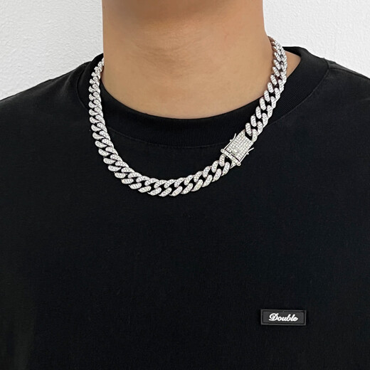 Yechi European and American street rap shining full diamond necklace Cuban chain bracelet hip-hop style nightclub bar men and women clavicle chain full diamond Cuban (necklace) 50cm silver