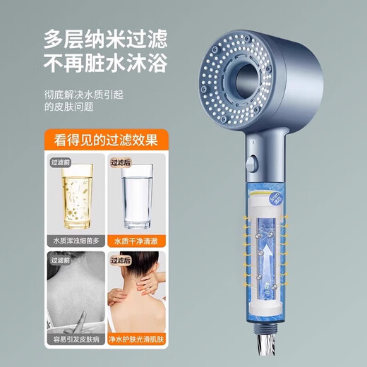 小米有品增压淋浴花洒喷头过滤水龙头洗澡超强浴霸花晒沐浴加压莲蓬头1047 蓝1 增压净水花洒+1.5米管