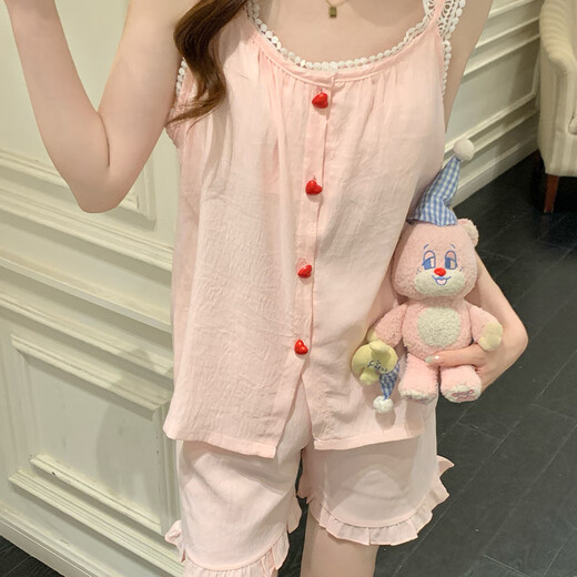 梦鸾吊带背心睡衣女夏季带胸垫2025新款蕾丝花边公主风甜美家居服套装 9226FE 爱心纽扣 粉色 2XL