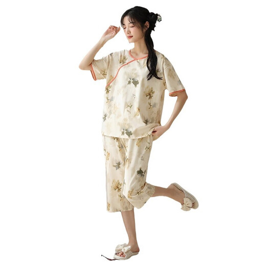Langsha Neuer chinesischer Pyjama für Frauen im Sommer Nachahmung Baumwolle Kurzärmel 2025 Chinesische Stil Falten Sie lässig Lose Home Clothing 9905 m