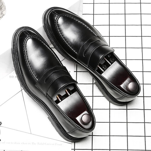 
KUCLUT men's trendy British style lazy loafers business formal wear breathable casual leather shoes 9715-D black 38