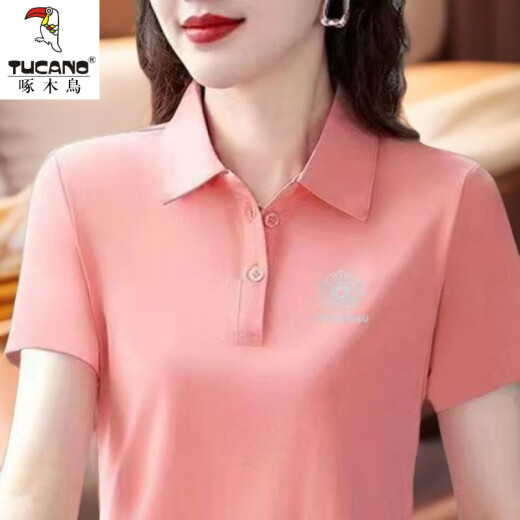 啄木鸟休闲polo衫短袖T恤女夏季新款中年妈妈装宽松大尺码显瘦翻领上衣 YC-6629酒红色 M 【建议85-100斤】