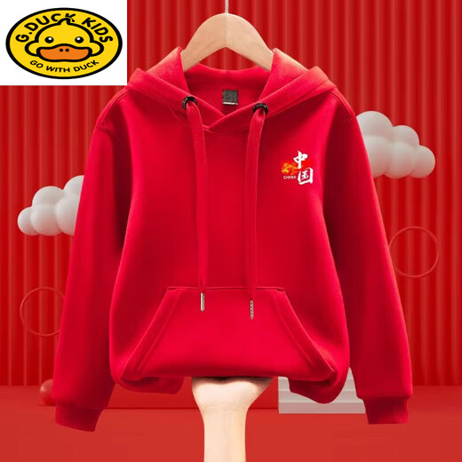G.duck parent-child clothing for a family of three hooded sweatshirts for men and women in autumn and winter new long-sleeved tops plus velvet and thickened family jackets red hooded five-star red flag Chinese chest mark plus velvet 110 30-40Jin Jin is equal to 0.5 kg