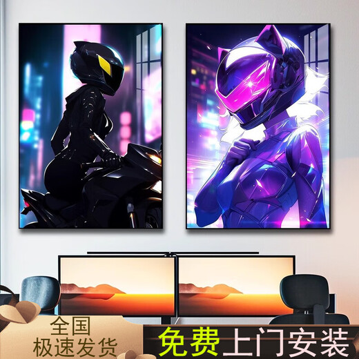 赛博朋克挂画电竞房汽车机车摩托车装饰画酒店走廊网吧背景墙壁画 夜幕战猫 S1047 40*60cm