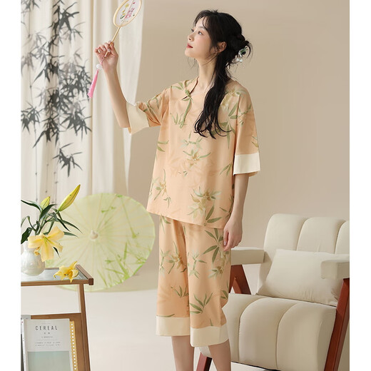
PURCOTTON Cotton Times Summer Women's Short-Sleeve Pajama Set Cotton New Chinese Style Thin Home Clothing Can Be Seven-Thinking Outdoor LZY9901 M (Suggested 75-95Jin [Jin equals 0.5 kg])