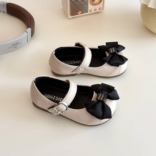 Korean version of sweet bow girls princess shoes 2025 spring new children's small leather shoes soft sole baby shoes trendy beige 21