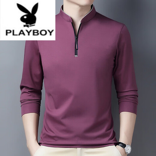 Playboy (PLAYBOY) pure cotton long-sleeved T-shirt men's casual thin T-shirt top summer spring autumn winter middle-aged men's stand-up collar bottoming long-sleeved 6625 green thin section L 170 recommended 120-140 Jin Jin equals 0.5 kg