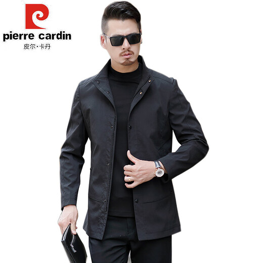 Pierre Cardin high-end men's windbreaker mid-length jacket 2025 spring and autumn new middle-aged dad stand collar business casual jacket black 2XL 185 recommended 170-185Jin Jin equals 0.5 kg