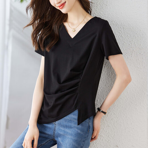 OLJ Light Luxury Brand T-Shirt für Frauen im Sommer 2025 Neue Schulter vorne Schulter Kurzschlärm Erfrischend unregelmäßiges Design und Fleischabdeckung Top Blue M.