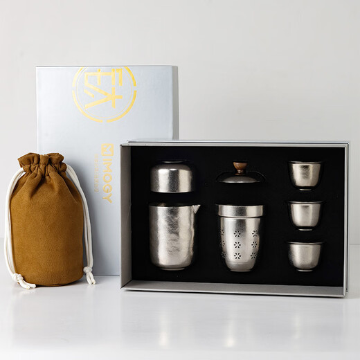 IMOGY Pure Titanium Travel Tea Set Tea Cup Holiday Gift Insulation Anti-scald Outdoor Camping Portable Quick Cup Tea Cup Titanium Natural Color 1 Pot 3 Cup Gift Box Internal and External Pure Titanium
