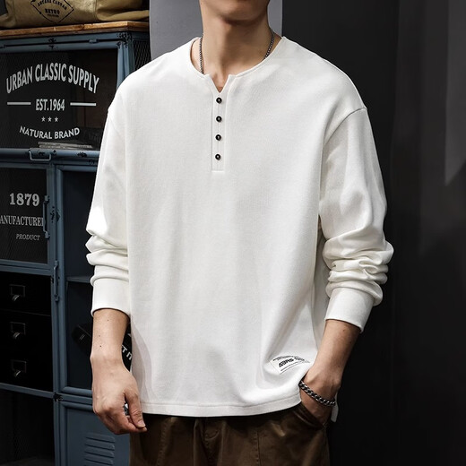 JEEP SPIRIT Jeep Premium Henley Collar Long Sleeve T-Shirt Men's Spring and Autumn Pure Cotton Tops Sweatshirt Men's Undershirt Men's White XL 130-150Jin Jin is equal to 0.5 kg